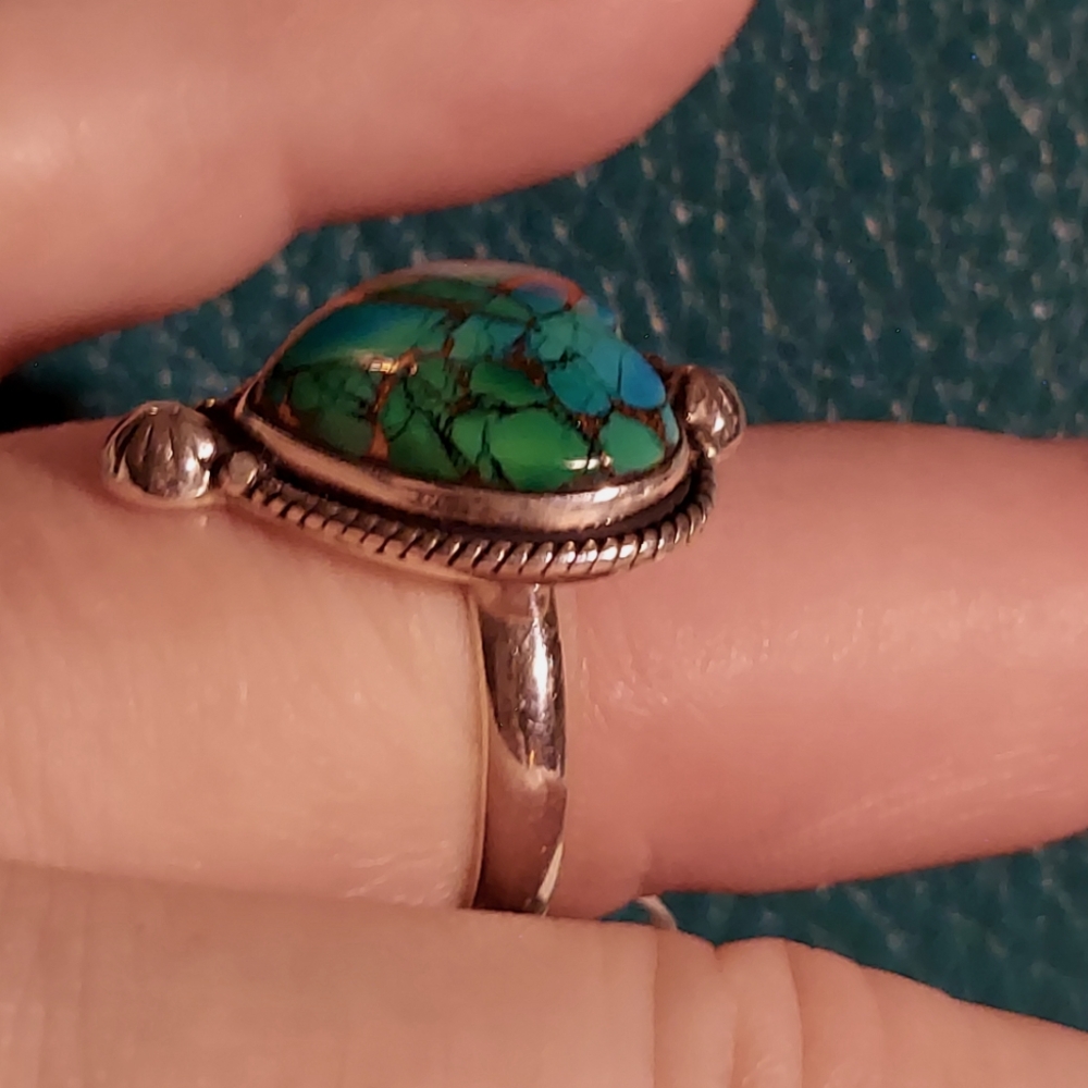 Kingman Peacock Dalia Heart Ring with Star Shots Sterling Silver Size 8 - Picture 3 of 8